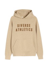 Beżowa bluza z kapturem z kieszenią z przodu, z napisem "DIVERSE ATHLETICS" w brązowych dużych literach na klatce piersiowej.