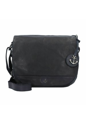 Borsa a tracolla in pelle blu navy con chiusura a patta, dettagli in argento a forma di ancora, tracolla regolabile e superficie texture. Design compatto e pratico.