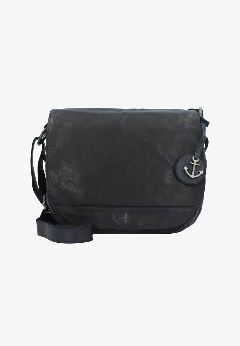 Borsa a tracolla in pelle blu navy con chiusura a patta, dettagli in argento a forma di ancora, tracolla regolabile e superficie texture. Design compatto e pratico.