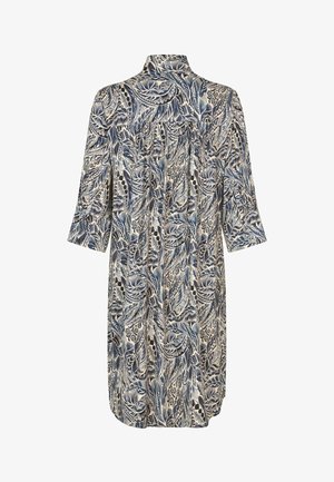 Gėlėmis dekoruotas marškinėlių suknelė, turinti tamsiai mėlyną ir grietinėlės spalvų derinį, ilgomis rankovėmis ir apykakle, pagaminta iš lengvos medžiagos.