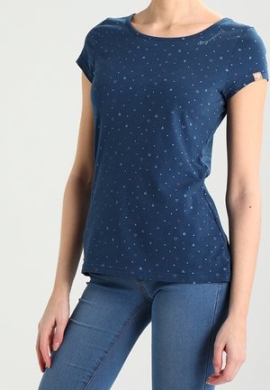 Navy blue short-sleeve T-shirt in soft cotton, featuring small heart patterns, a round neckline, and a discreet logo on the chest.