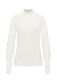 Weißer Longsleeve-Pullover mit Rollkragen, gerippten Bündchen und Saum, ausgestattet mit einem weichen, strukturierten Stoff und einer taillierten Silhouette.