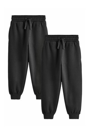 Zwei Paar schwarze Jogginghosen mit elastischem Bund, Kordelzug, Seitentaschen und Bündchen an den Knöcheln, auf weißem Hintergrund dargestellt.