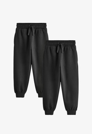 Zwei Paar schwarze Jogginghosen mit elastischem Bund, Kordelzug, Seitentaschen und Bündchen an den Knöcheln, auf weißem Hintergrund dargestellt.