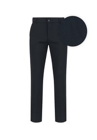 Dopasowane spodnie w kolorze granatowym wykonane z tkaniny tkanej. Posiadają gładki przód, standardowy pas z guzikiem oraz prostą nogawkę.