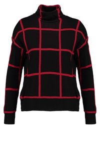 Schwarzer gerippter Rollkragenpullover mit rotem Karomuster und langen Ärmeln.