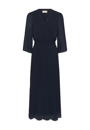 Tengerészkék midi ruha pliszírozott szoknyával, átlátszó hosszú ujjakkal, V-nyakú, átlapolt felsőrésszel és elasztikus ráncolt derékkal.