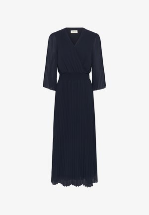 Robe midi bleu marine avec jupe plissée, manches longues transparentes, corsage cache-cœur avec encolure en V, et taille smockée élastique.