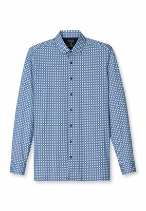 Langarmhemd in Hellblau mit geometrischem Muster. Verfügt über einen Kentkragen und schwarze Knöpfe entlang der Knopfleiste.