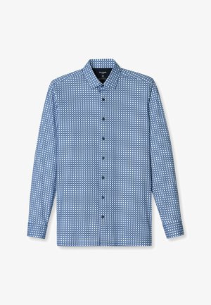 Langarmhemd in Hellblau mit geometrischem Muster. Verfügt über einen Kentkragen und schwarze Knöpfe entlang der Knopfleiste.