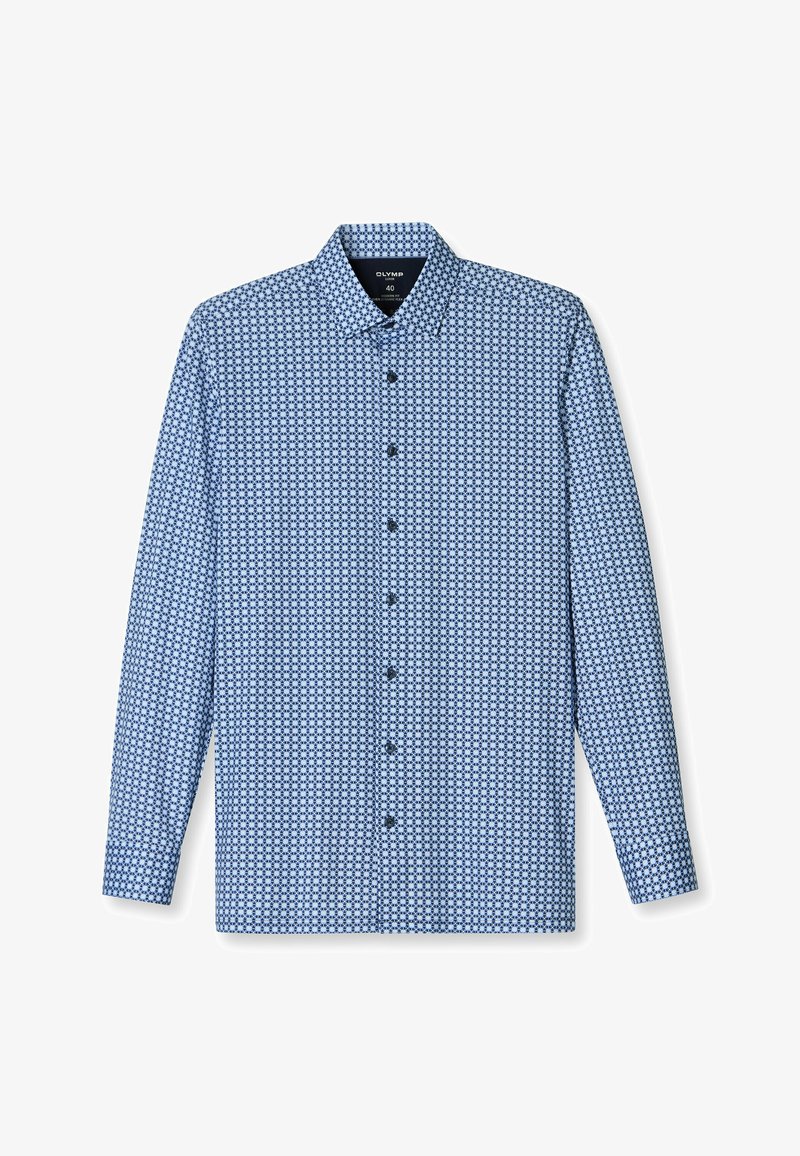 Langarmhemd in Hellblau mit geometrischem Muster. Verfügt über einen Kentkragen und schwarze Knöpfe entlang der Knopfleiste.