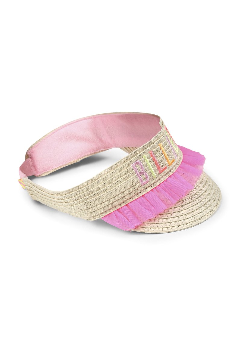 Visière en beige tissé avec un accent froncé rose, présentant un texte brodé. Doublure intérieure lisse et bord arrondi, structuré.