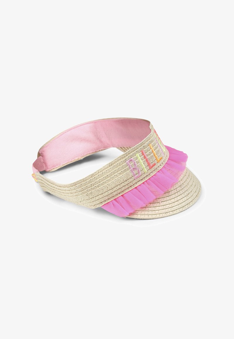 Visière en beige tissé avec un accent froncé rose, présentant un texte brodé. Doublure intérieure lisse et bord arrondi, structuré.