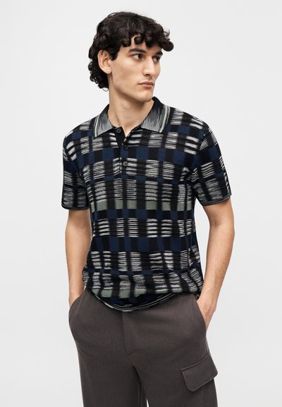 Short-sleeve polo shirt featuring a blue and black checked pattern with varying textures, a black collar, and three front buttons.