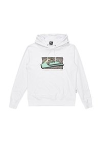 Sudadera blanca de algodón, con un diseño gráfico que presenta un logo verde sobre un fondo salpicado de negro. Incluye un bolsillo frontal y cordones.