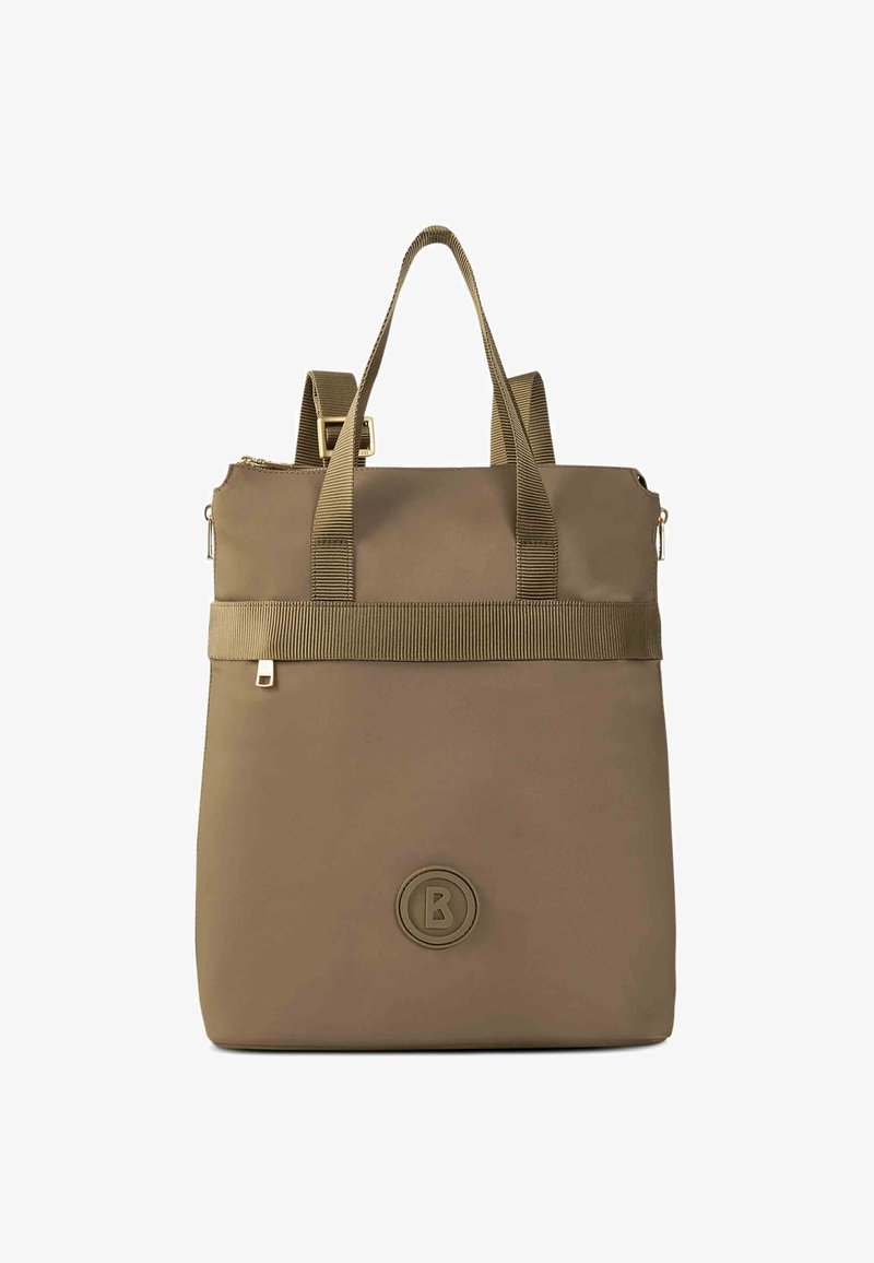 Sac fourre-tout kaki avec double poignée, fermeture éclair et sangles côtelées. Présente un logo rond à l'avant et un matériau lisse et durable.
