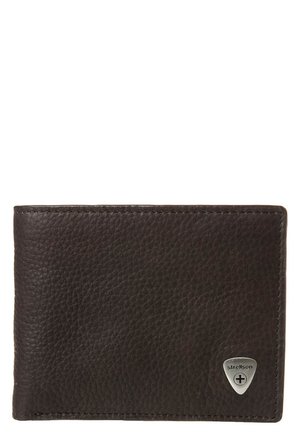 Brown leather wallet with a textured finish, featuring a silver logo accent in the bottom right corner and single-fold design.