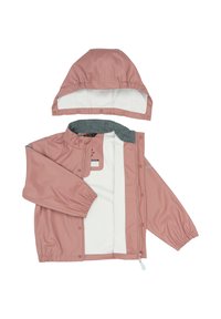 Różowa wodoodporna kurtka z odpinanym kapturem, elastycznymi mankietami i miękką szarą podszewką z polaru. Posiada przedni zamek błyskawiczny i zapięcia na zatrzaski.