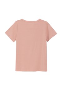 Tricou roz din bumbac cu mâneci scurte, guler rotund și un finisaj texturat cu margini ondulate la spate. Design simplu, monocrom.
