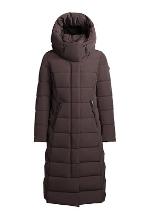 Ruskea topattu takki, jossa on suuri irrotettava huppu, pystysuora vetoketjusuljenta ja kaksi vetoketjullista etutaskua, kuvioitu tikatulla kuviolla.