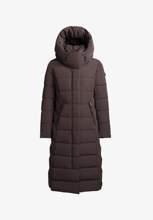 Giacca imbottita marrone con ampio cappuccio staccabile, dotata di chiusura verticale con cerniera e due tasche frontali con cerniera, caratterizzata da un motivo trapuntato.