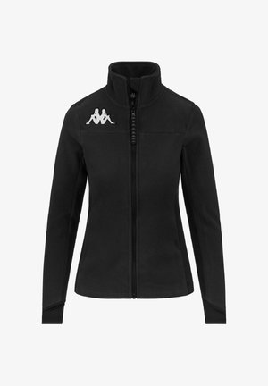 Giacca in pile nera con colletto alto, zip intera e logo bianco sul lato sinistro del petto. Presenta due tasche laterali e una texture morbida.