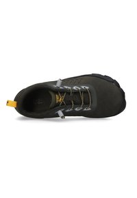 Dark gray hiking shoe with a textured upper, reflective accents, and a black rubber sole. Features quick-lace system and rear pull tab.