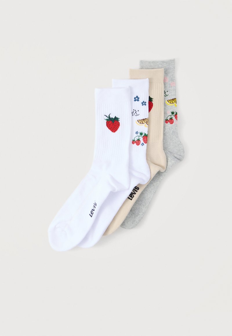 Τέσσερα ζευγάρια κάλτσες πληρώματος σε λευκό, μπεζ και γκρι με σχέδια φρούτων όπως φράουλες, λεμόνια και κεράσια, στοιβαγμένα σε απλό φόντο.