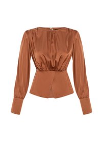 Blouse en satin bronze avec de longues manches bouffantes, détails froncés aux épaules, taille cintrée et une subtile fente en forme de V à l'ourlet.