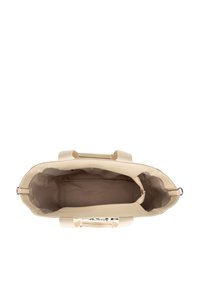 Beżowa torba typu tote z dwoma solidnymi uchwytami, gładką powierzchnią zewnętrzną, zamknięciem na zamek błyskawiczny oraz wyściełanym wnętrzem z boczną kieszenią.