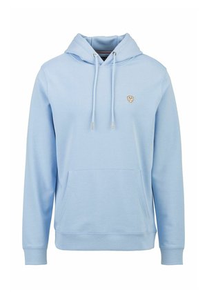 Lichtblauwe hooded sweatshirt van zachte stof, met een voorzak, een capuchon met trekkoord en een klein logo op de borst.