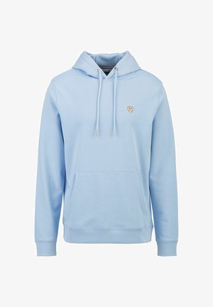 Helles blaues Kapuzensweatshirt aus weichem Stoff, mit einer Fronttasche, Kordelzug-Kapuze und kleinem Logo auf der Brust.
