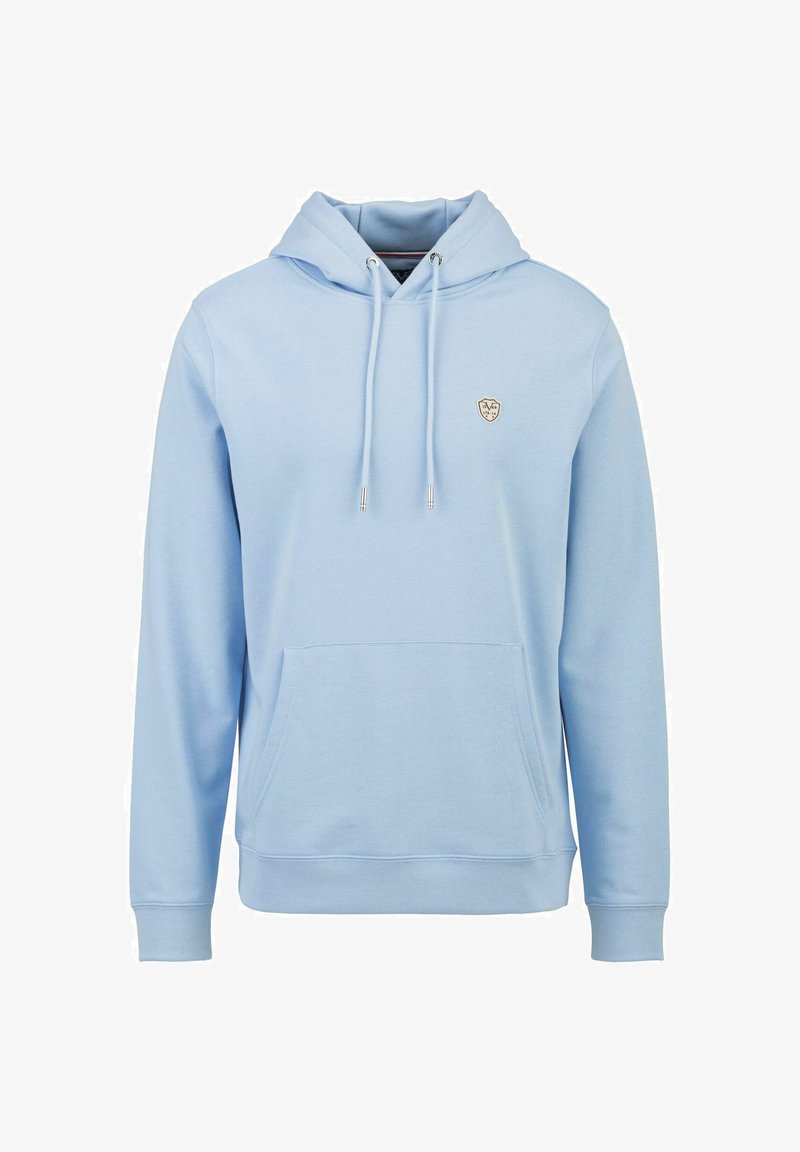 Lichtblauwe hooded sweatshirt van zachte stof, met een voorzak, een capuchon met trekkoord en een klein logo op de borst.