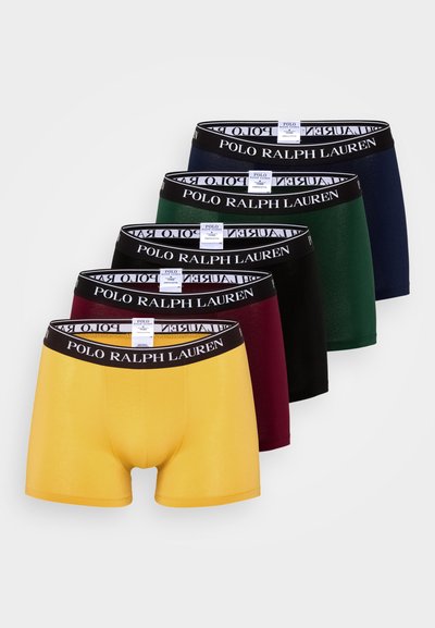 Fem par Polo Ralph Lauren boxershorts i gul, bourgogne, svart, grön och marinblå, med en svart midja med vitt logotyp.