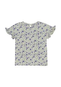 Blomsterbluse med hvid baggrund, lilla blomster og grønne blade, korte flæseærmer og en nøglehulslukning bagpå.