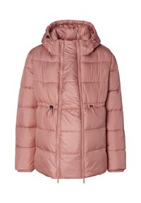 Padded pink jacket with a hood, featuring a quilted design and drawstring at the waist. Smooth material with zippered front closure.