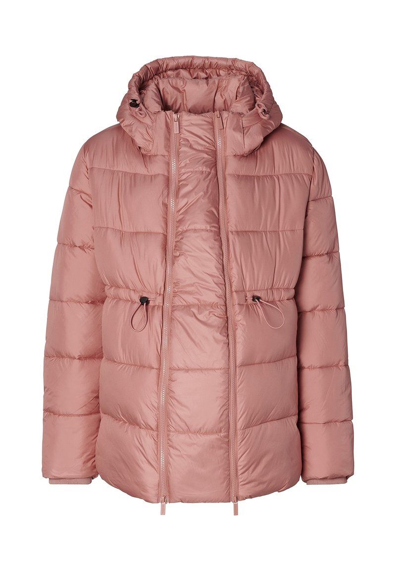 Padded pink jacket with a hood, featuring a quilted design and drawstring at the waist. Smooth material with zippered front closure.