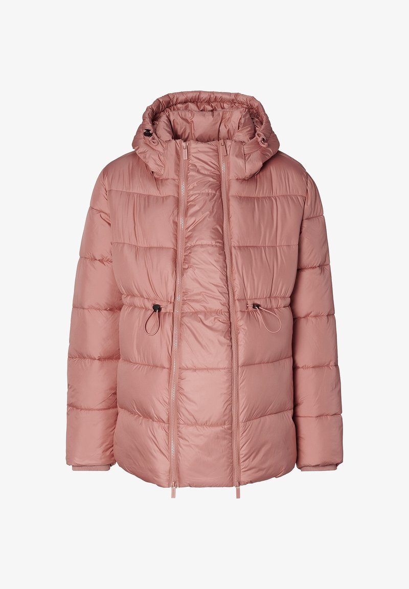 Padded pink jacket with a hood, featuring a quilted design and drawstring at the waist. Smooth material with zippered front closure.