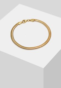 Gold-toned metal bracelet with a herringbone pattern, featuring a lobster clasp closure and smooth, rounded edges.