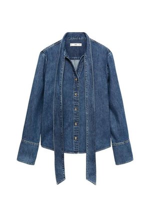 Denim shirt in dark blue with a structured design, button-up front, long sleeves, and a tie detail at the collar.