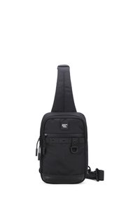 Borsa a tracolla nera realizzata in nylon resistente, di forma rettangolare, con scomparti con zip, tracolla regolabile e una finitura testurizzata.