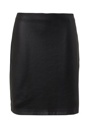 Zwarte leren mini-jurk met een gladde textuur, een aansluitend ontwerp en een rechte snit. Beschikt over een schone, eenvoudige zoomlijn.