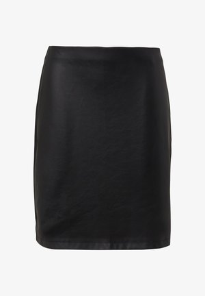 Schwarzer Leder-Minirock mit glatter Textur, figurbetontem Design und gerader Silhouette. Verfügt über einen sauberen, schlichten Saum.