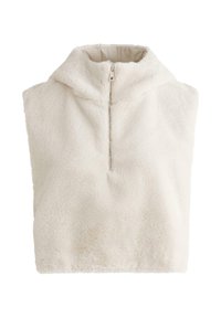 Fleece pulóver magas gallérral, félcipzárral és puha textúrájú felülettel, törtfehér színben. Ujjatlan, a kényelem és melegség érdekében tervezve.