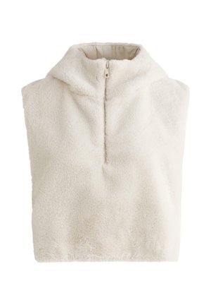 Fleeceová mikina s vysokým golierom, polovičným zipsom a mäkkým textúrovaným povrchom v off-white farbe. Bez rukávov, navrhnutá pre pohodlie a teplo.