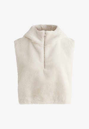 Fleece pulóver magas gallérral, félcipzárral és puha textúrájú felülettel, törtfehér színben. Ujjatlan, a kényelem és melegség érdekében tervezve.