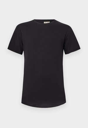 Black short-sleeve crew neck t-shirt with straight hem and small brand label inside the collar.