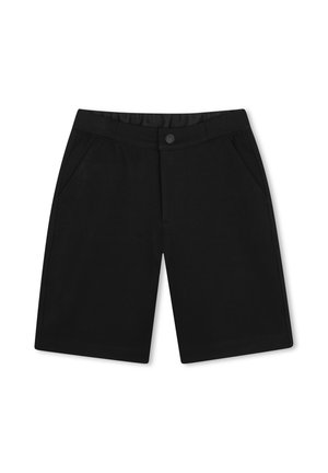Shorts noirs mi-longueur avec poches avant, taille élastique et fermeture par bouton.