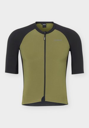 Tricou de ciclism cu mânecă scurtă în verde măsliniu, cu mâneci negre și fermoar frontal, având un mic logo GripGrab pe piept.