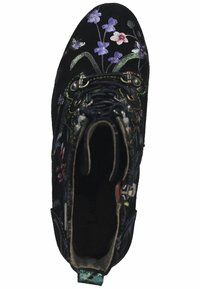 Black suede ankle boots featuring colorful floral embroidery, metallic accents, and a lace-up design with silver hardware.